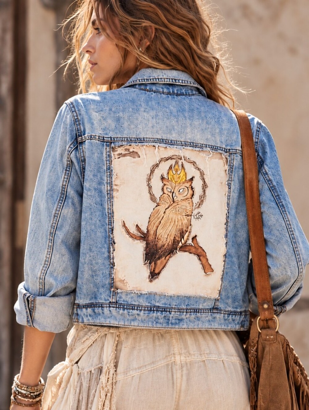 Queen Of The Night One-Of-A-Kind Upcycled Denim Jean Jacket Owl Large